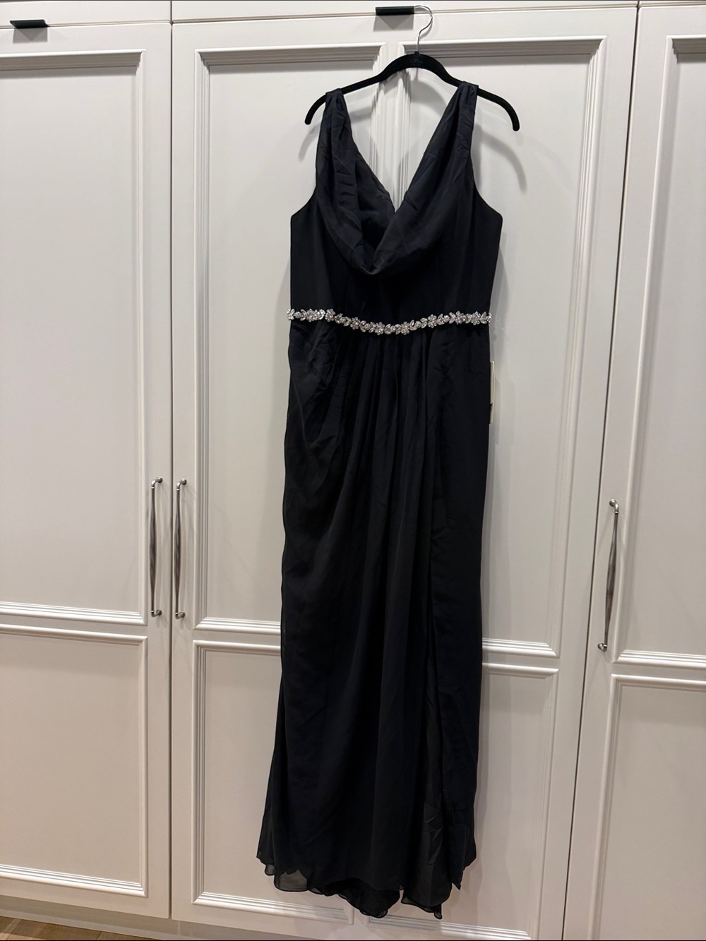 Black Cowl-Back Maxi Dress with Beaded Waist